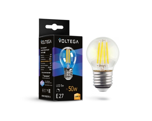 Лампа светодиодная диммируемая Voltega E27 5W 3000К прозрачная 7202