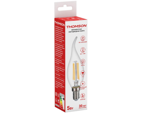Лампа светодиодная филаментная Thomson E14 5W 4500K свеча на ветру прозрачная TH-B2074