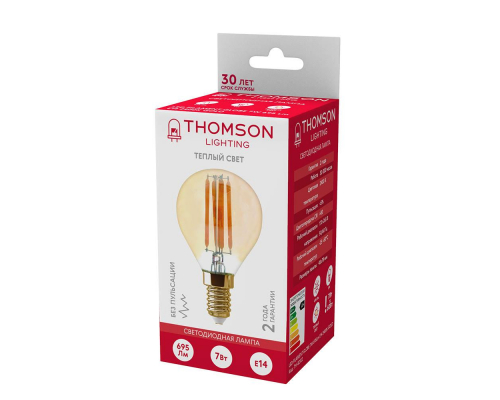 Лампа светодиодная филаментная Thomson E14 7W 2400K шар прозрачная TH-B2122