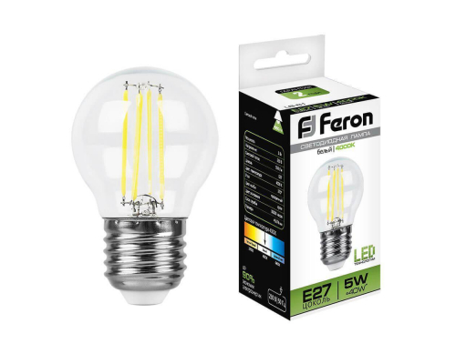 Лампа светодиодная филаментная Feron E27 5W 4000K Шар Прозрачная LB-61 25582