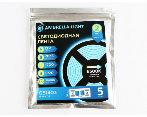 Светодиодная лента Ambrella Light 17W/m 240LED/m 2835SMD холодный белый 5M GS1403